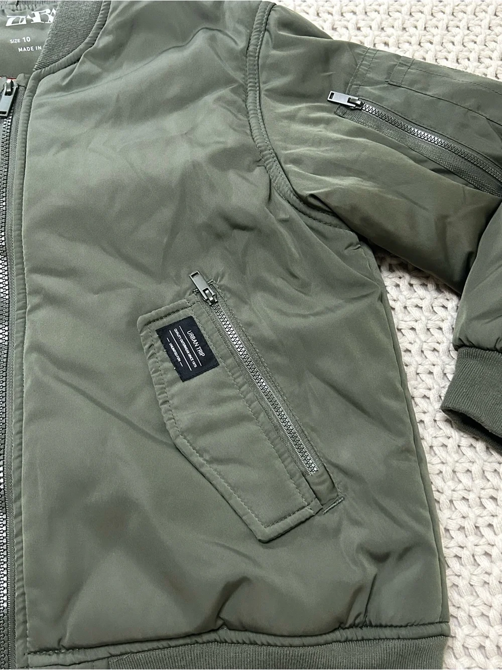 Kid’s Zara Olive Bomber Jacket with Bright Orange Lining Size 10